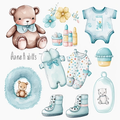 Cute baby clipart watercolor set, pacifier, socks, romper, bib