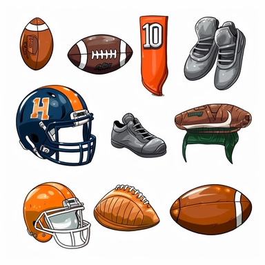cartoon style American football elements in isolated clipart image sets of 10, white background