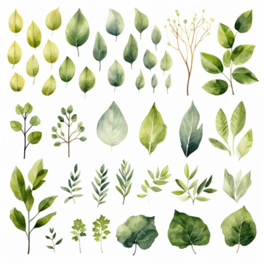 Greenery Watercolor Clipart, White Background, Leafs