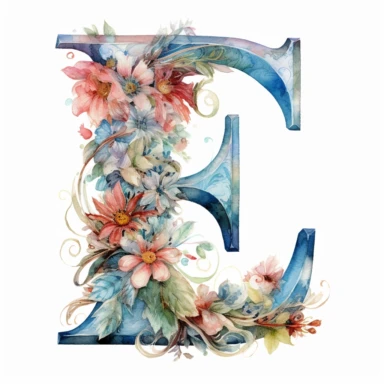 Watercolor illuminated initial, letter E , Clipart, E, witchy, magical, whimsical , white background, png