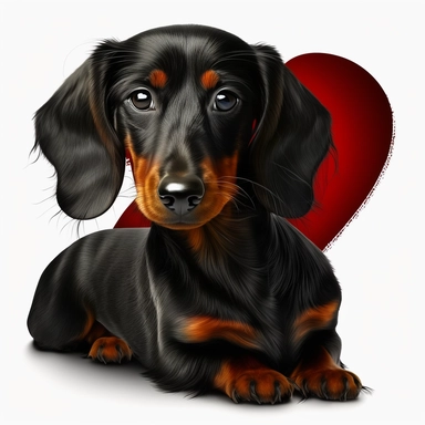 funny sweet short black hair dachshund whole dog on image as clipart no background, heart in red with sharp edge around the dog