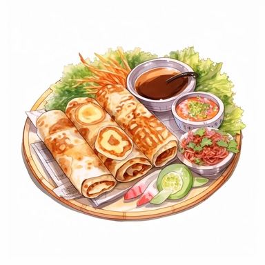 watercolor, hyper realistic, white background, white margins, 16k, ultra detailed clipart, cut out image, hand-drawn a dish of bánh xèo, a crispy Vietnamese pancake filled with shrimp, pork, bean sprouts, and served with lettuce wraps and dipping sauce. in the style of anime art, frostpunk, photo-realistic drawings, villagecore, lively and energetic, high quality, anime