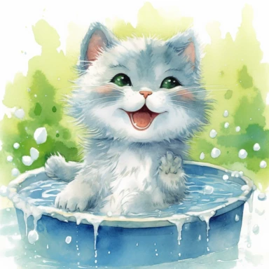 watercolor illustration, kitten smiling with an open mouth and with a towel over the head and enjoying a hot spring, surrounded by gentle steam rising from the onsen water, feeling the pleasant sensation. Small bubbles dance through its fur, creating a mysterious yet beautiful sight. The cat stretches out, gradually unwinding, as the warmth of the onsen melts away the tension in its muscles. It gracefully savors the serene atmosphere and the gentle touch of nature, embracing the tranquility of t