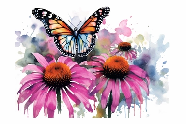 Watercolor, Create an image featuring a butterfly landing on a coneflower, adding a splash of color to its petals while aiding in pollination, clipart, hd, on a white background, spaced out