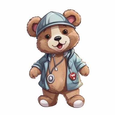 Cute Teddy Bear Clip Art, sticker, different move, wearing clothes, white background, 4K, Veterinarian helping pet