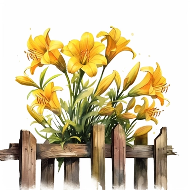 yellow lilies on a rusty fence, watercolor, yellow brown and green color theme, clipart, hyperrealistic, white background