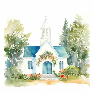 watercolor painting of wedding chapel clipart on plain white background, painted in the style of chiho aoshima