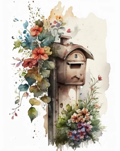watercolor clipart in the style trending on Etsy. old mail box. flowers.