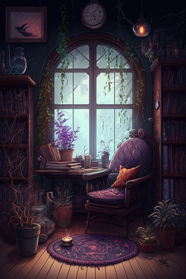 cozy living room of a witch, high detailed drawing, window in center of room, a lot of clutter, high texture, bookcases, sagging armchair, tea cups, ancient tomes, dusty, cool atmosphere, cinematic, realistic light, magical realism, flowers, clipart, fantasy, whimsical, dreamy