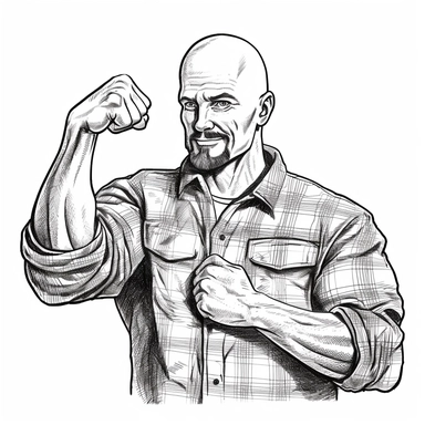 Man in flannel shirt flexing his arm muscles, black line drawing, no shading, outlines, Clipart