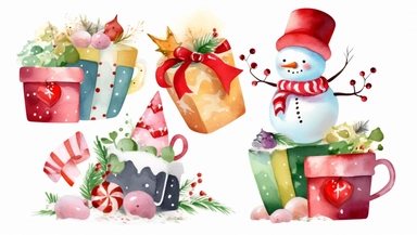 christmas christmas cards and gifts vectors, icons, clip art, free illustrations, in the style of watercolor-like washes, melting pots, whimsical realism, luminous 3d objects, smilecore, aquarellist, caricature-like