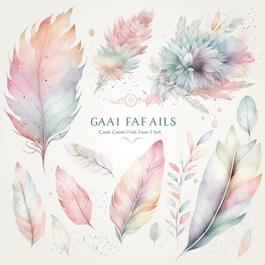 soft colorful pastel-colored leaves and flowers and feathers clipart set, colorful fairy pastel colors watercolor style, intricate and detailed, exquisite realism, use of fabric, soft and subtle watercolor style, plain white background