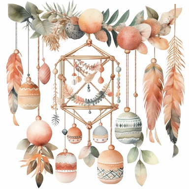 Create watercolor clipart of a boho baby mobile, featuring items such as geometric shapes, pom poms, and wooden beads. Use intricate patterns and muted colors to capture the playful yet understated boho vibe, white background