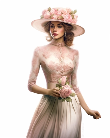 detailed beautiful lady standing up with vintage hat with pink roses dressed in a vintage dress, hyper realistic, 8k, isolated on white backgorund, clipart