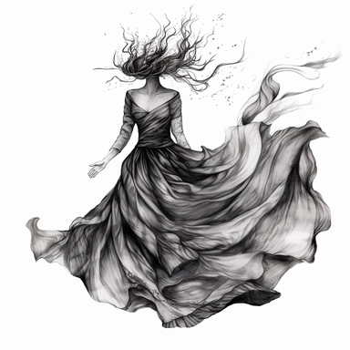 An intricate ink drawing of a tattered dress blowing in the wind, cottagecore, black and white, white background, clipart