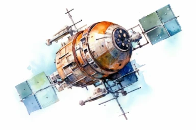 Watercolor, Create an illustration of a satellite in a Molniya orbit, optimized for communication in high latitudes with a highly elliptical orbit clipart, hd, on a white background, spaced out