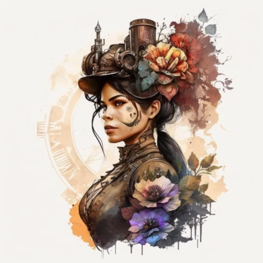 a steampunk beautifull mexican woman with watercolor effect, steampunk flowers ,unrealistic , suitable for digital cliparts , fantastic scene , high quality,fantastic scen