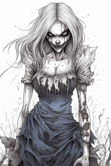 a college girl, fit-thick-build, wearing a high skirt and a cropped linen shirt, plunging neckline terrifying and evil Female Zombie, Full body, dripping liquid hand drawn, white background, pencil sketch, black and white, line art, coloring page for adults, printable outlined art, thin lines, intricate details, crisp lines, highly detailed, illustration, digital art, vectro, clip art, kawii, detailed grayscale, hand drawn art, charcoal sketch