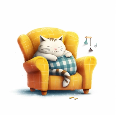 Cat asleep on an armchair, high definition, 8k, insanely detailed, white background, isolated clipart, fine detail, sharp focus, illustration, vector, children's book illustration style, bright and colourful illustration style of Jon Klassen and Atey Ghailan