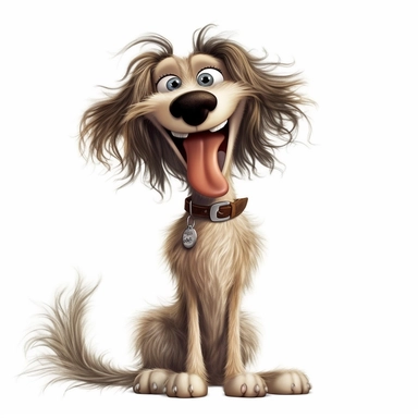 a really skinny cartoon dog with big smile, hair frizzed out, funny, full body image, pixar style, clipart, white background