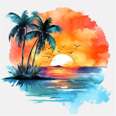 create a beautiful watercolor picture of a sunset at the tropical beach clipart, hd