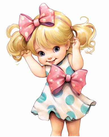 a happy cute little girl a five year old, bow on the head, blond hair, dress, gift, style by Lusy Fleming, folk art, watercolor, clipart elements, smooth gradients, black contour outline, ultra detailed, white background, super clear, high quality
