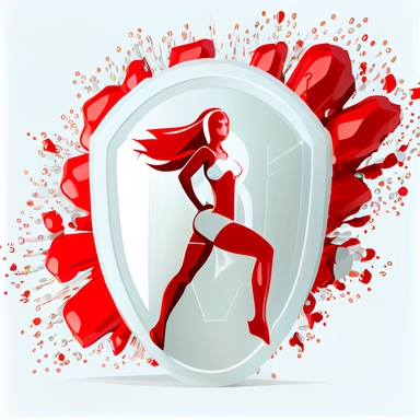 2D art red and white colors fitness sport beautiful women defended by shield with bifidobacteria capsules on white background, beautifully color graded,clipart vector drawing