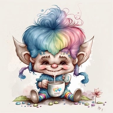 a watercolor clip art character illustration that combines the innocent and angelic expression of Precious Moments with the mischievous and magical attributes of Trolls, beautiful troll with long lashes, enjoying a cup of hot chocolate, white background.