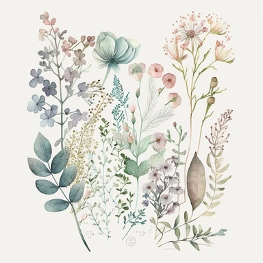 botanical April Watercolor Wild Flowers on a whit background, by Emily Brown, Etsy featured artist, vintage style, high detail, minimalist design, watercolor technique, pastel colors, modern style, nature-inspired, clipart