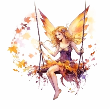 beautiful watercolor clipart painting of A magical fairy in the style of Disney movies in orange pink purple fantasy style sitting on a swing made of ropes and yellow leaves Her gaze shifts to the side and up