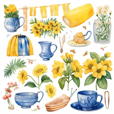 swedish theme clipart, midsummer holiday, flowers, flags and food, in the style of dreamy watercolor scenes, detailed character illustrations, mundane materials, patterns, detailed miniatures, cute childish style, swedish colors, white backround
