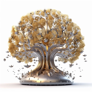 A clip art style image of a golden silver tree under its vast crown illustrates the different shadows of incarnations of different ages and backgrounds participating in conversations and social activities, general shot, 3d, game engine, creative 96% best artificial intelligence metaphysical work