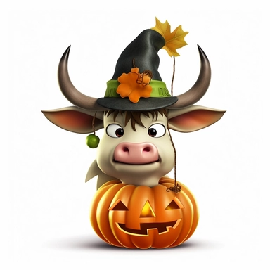 3D super realistic cute halloween Longhorn Cow with a witch's green hat on his head among pumpkins clipart