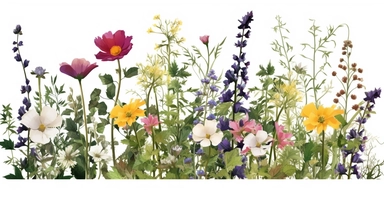 Pressed boho cottagecore snapdragon, cosmos, lupine, anemone and columbine floral border wildflowers with green foliages floral nature garden border, clipart with white background