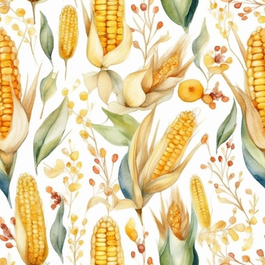 corn pattern, corn on the cob, flowers, summer, watercolor, minimal, simple, clipart, white background