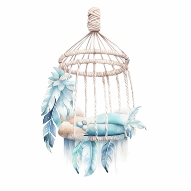realistic watercolor boho woven baby Crib Mobile, isolated white background, babyshower clipart, 8k, white and light blue colors