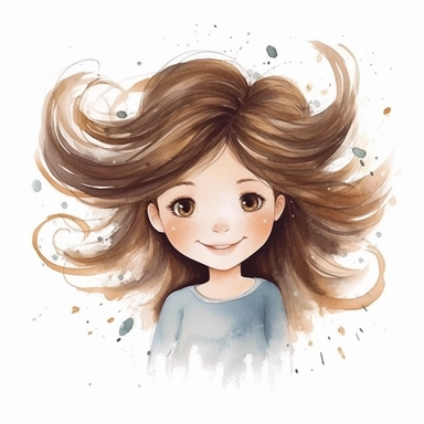 watercolour clipart of a girl, with crazy brown hair, blue-gray eyes, the sweet and scatterbrained dreamer, with a great sense of humor. She immerses herself in the world of digital design, creating exquisite papers for scrapbook albums. Though she may often forget things, her delicate touch and gentle nature shine through her artistry, make her smiling, exalted mood, white background, 8k, f1