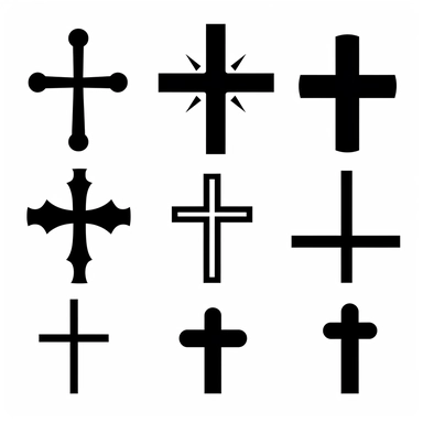 black vector icons of different designs christian crosses, on a white background, hd vector, clipart, cartoon style, minimalistic simple , 4k