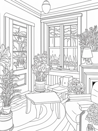An Adult Coloring Book Featuring Fun and Relaxing Interior Home Designs with Beautifully Furnished Rooms and Welcoming Outdoor Spaces, coloring page line art, black and white clipart for coloring page, simple and clean line art, illustration style,