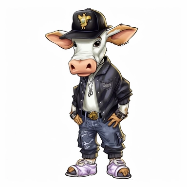 highly detailed clipart of a furry baby cow calf like person standing up wearing a baseball cap and dressed in 2000's style hip hop rapper fashion and sneakers and jewelry. child like looking furry cow. Nelly the rapper style.