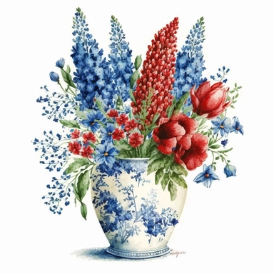 Watercolor Blue Bonnets, Clipart rose floral bouqet in a cute red vase, white background, no text, no caption