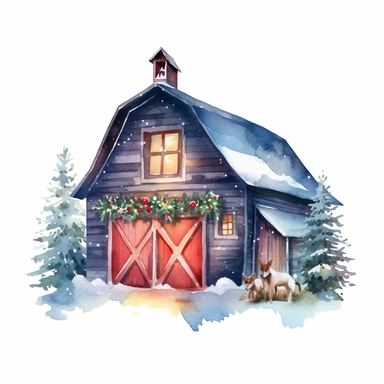 watercolor Christmas barn clipart, vibrant colors, add glitter and lights, on a white background