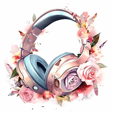 ! Watercolour rose gold and pastel detailed 3d gaming headset, surrounded by beautiful roses and Swarovski crystals and diamonds, svg clipart style, solid white background, clipart element, clipart style highly detailed beautiful