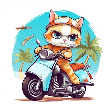 Create a clipart of a cute kitten driving a motorcycle. Vibrant colors. White Background with a beach setting and palmtrees, soft lighting.