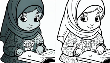 muslim girl coloring book character to color clipart of, cartoonish humor, with black and white line art version next to