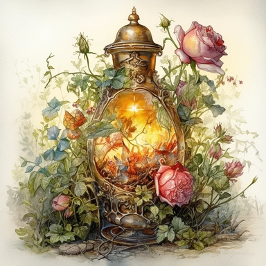 llustration watercolor fantasy art of engraved fancy-shaped witchcraft potion made of sunrise for a witch, overgrown with moss and branches, roses and prickly rosehip, decorated with jewelry, golden sparkle glitter, masterpiece by Jean-Baptiste Monge style and by Ivan Fedorovich Choultse style and Hans Zatzka style and Vladimir Kush style, Baroque style, PNG clipart, isolated on white, extreme photorealistic details, 32k HD resolution, realistic high detailization high resolution