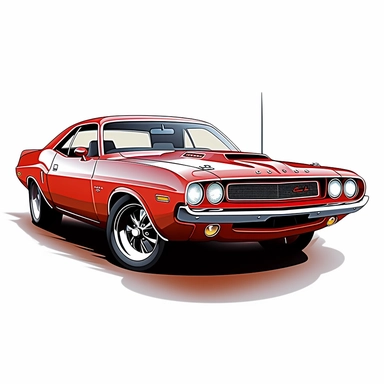 in clipart style, vector image, A meticulously crafted illustration of a 1970 red dodge challenger , highlighting its iconic design and graceful contours, placed against pure white background (style: evoking the accuracy and refinement of classic automobile blueprints) (lighting: deliberate, directional lighting, casting gentle highlights and shadows on the car's structure) (colors: an elegant palette for the car's body set against a pristine, white backdrop) (composition: captured from a side v