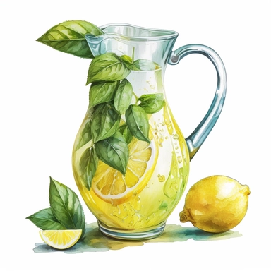Watercolor one lemon juice in a pitcher Clipart, citrus lemon, vibrant color, high details, white background, no text