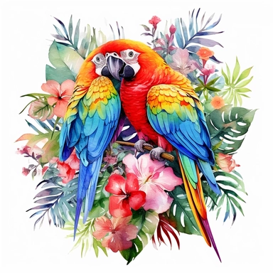 parrots with tropical gardens, watercolor sublimation design, Sublimation Clipart, hyper realistic, intricate detail, illustration style, isolated on white background for removing background, hyper- detailed, beautifully color-coded, beautifully color gra