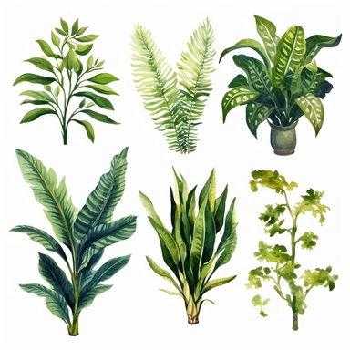 BOSTON FERN, DWARF DATE PALM, SPIDER PLANT, CHINESE EVERGREEN, DEVIL’S IVY, BROADLEAF LADY PALM, PEACE LILY, BARBERTON DAISY, watercolor, Object, vector collection, clipart, 8k, white background.